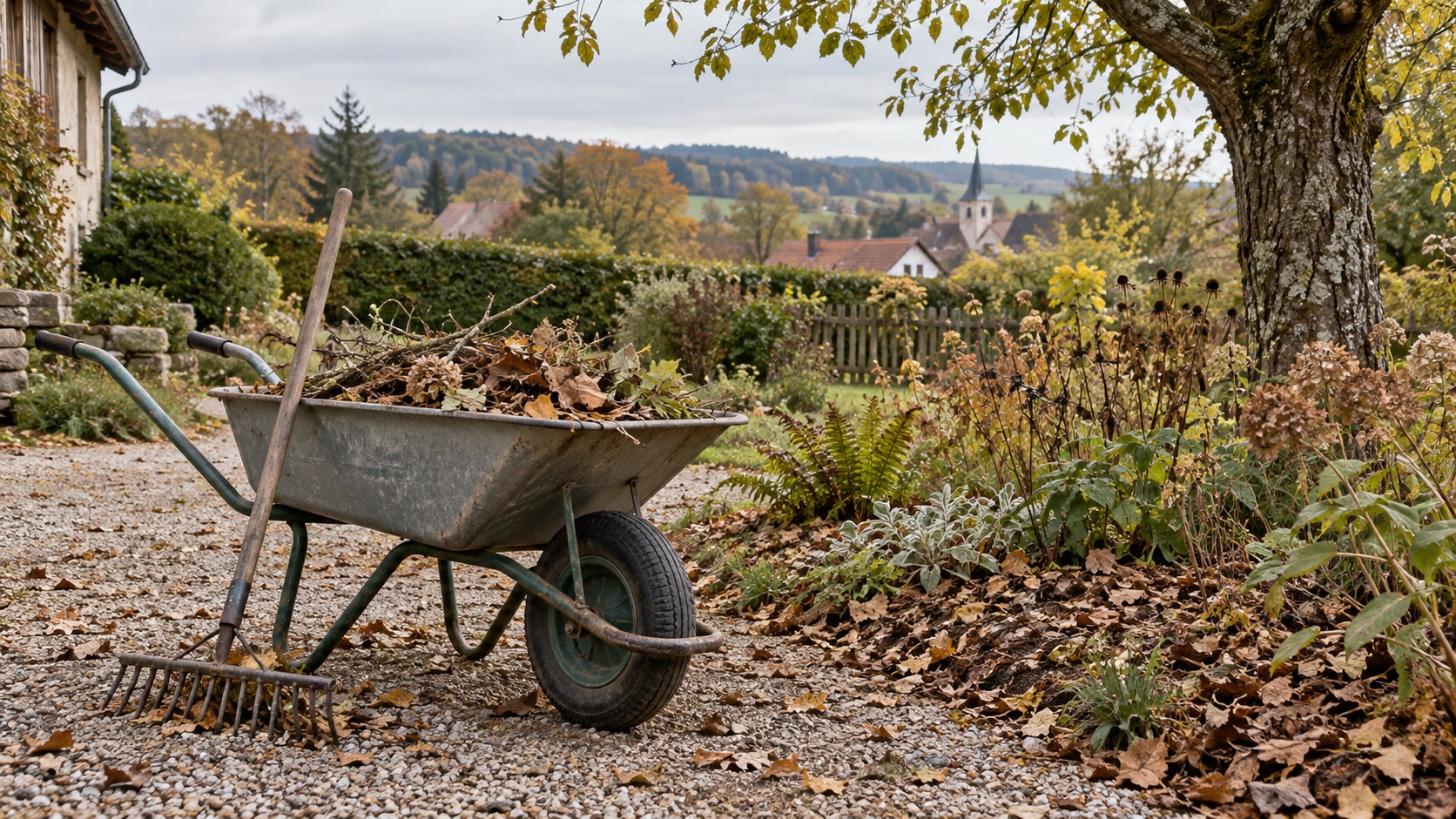 Schubkarre mit Laub und Zweigen an einem naturnahen Garten