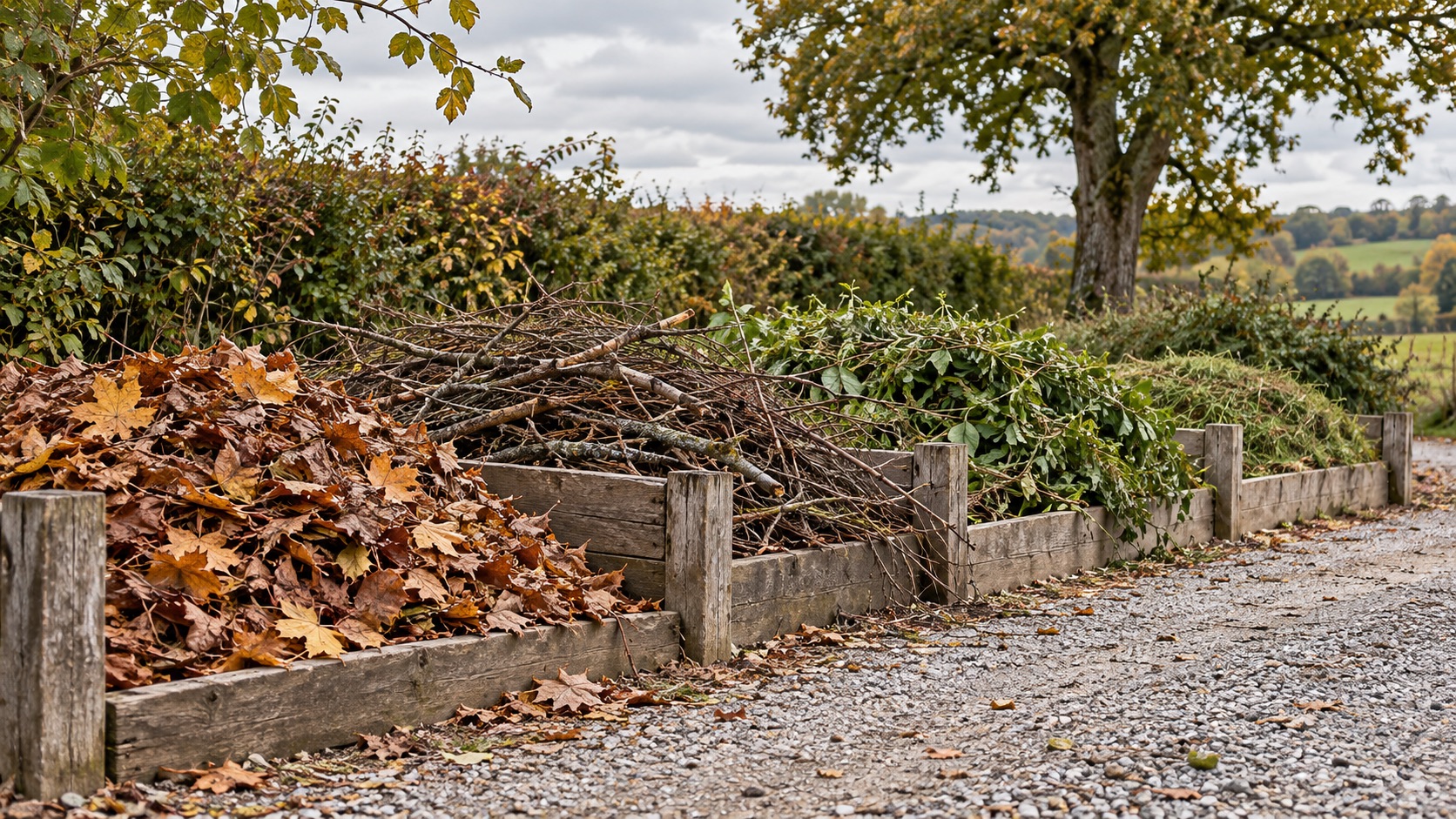 Laub und Zweige in Materialbereichen unter einem Baum